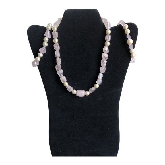 Handmade Vintage Inspired Faux Pearl Pink Gemstones Necklace & Two Bracelets Set - Picture 2 of 16